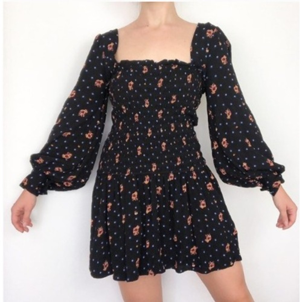 Free People Smocked Mini Dress M‎ Black Floral Square Neck Boho Long Sleeve